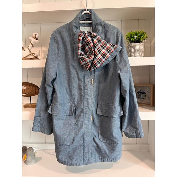 Vintage Liz Claiborne Chambray Jacket Medium Detachable Hood Plaid Lining 90s - Picture 4 of 16